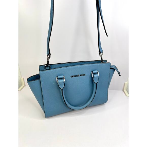 Michael Kors Selma Medium TZ Satchel in Steel Blue/Sky/Navy - Picture 4 of 16
